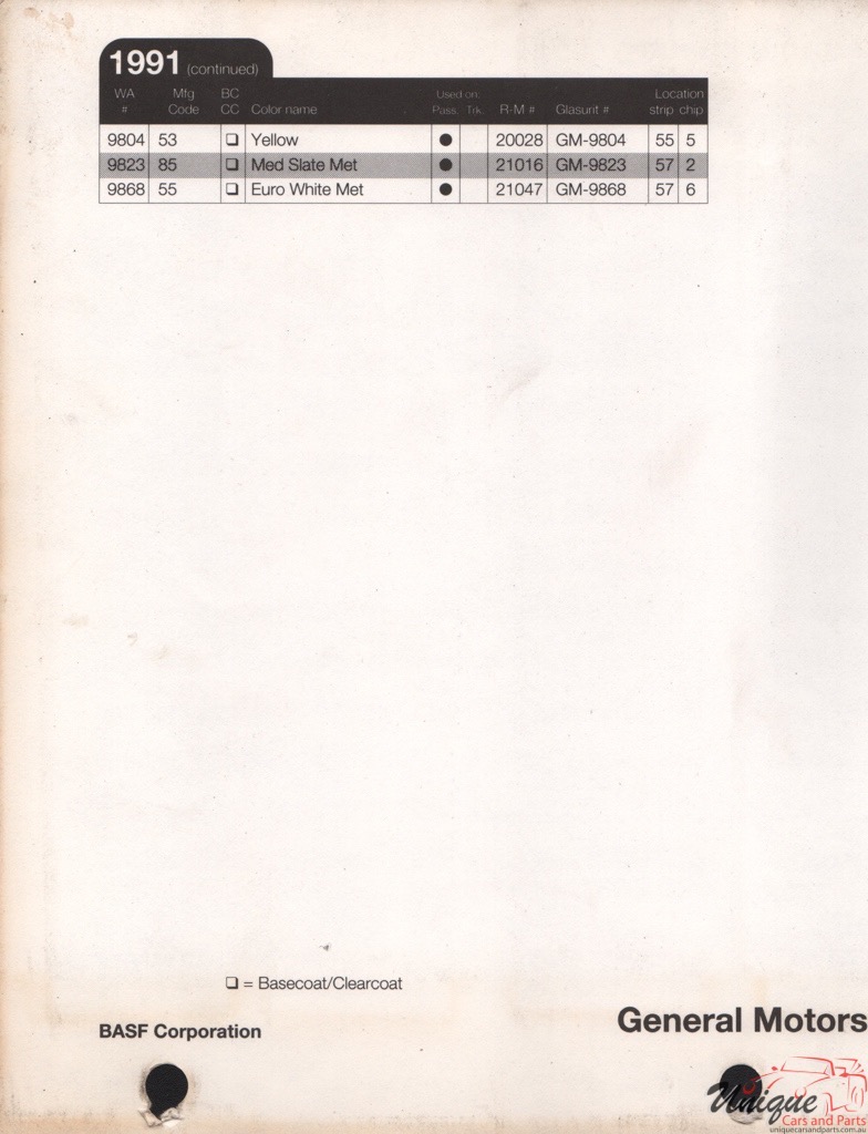 1991 General Motors Paint Charts RM 14